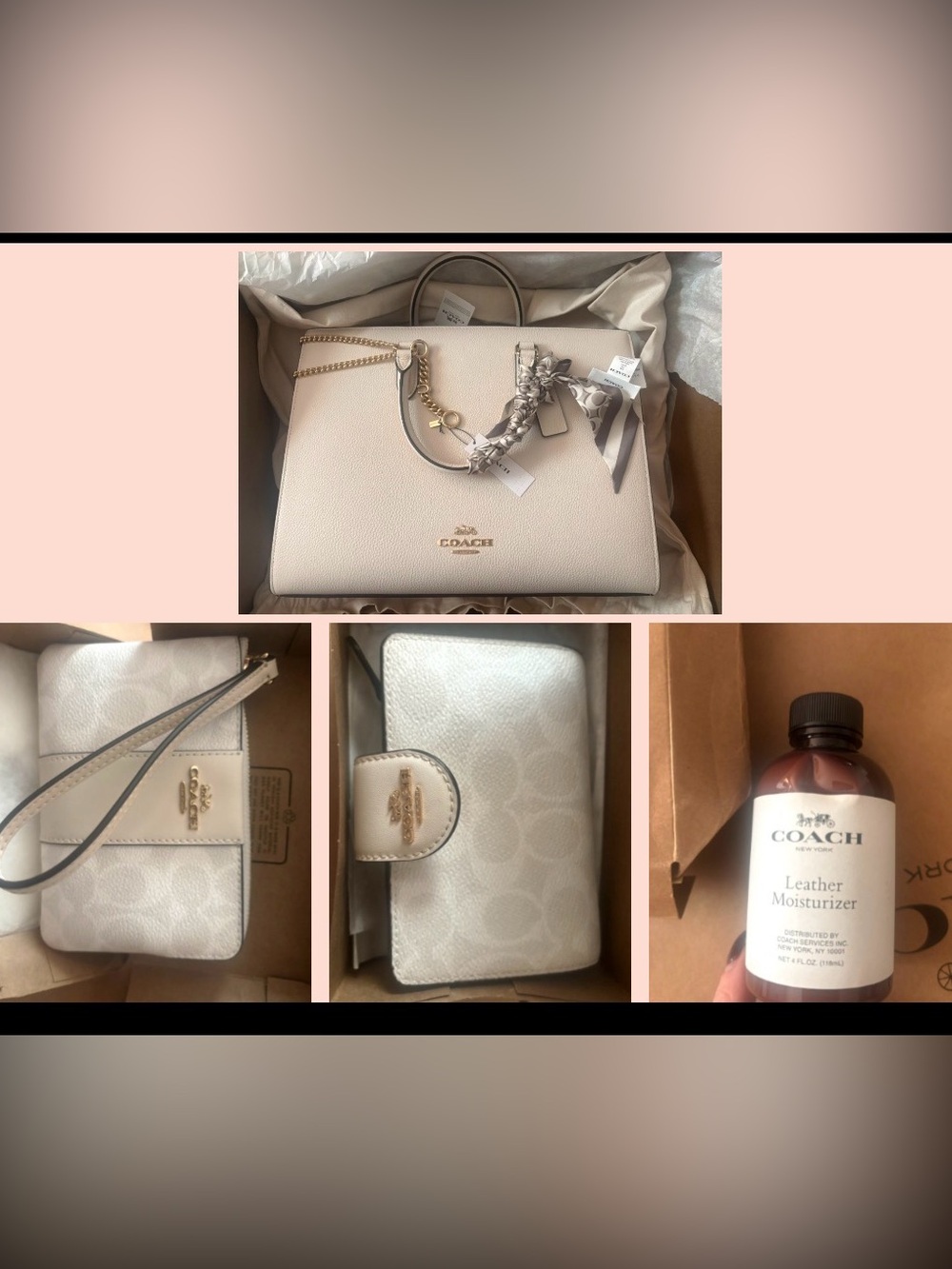 COACH NWT Maggie Tote Chalk Milk Signature Wallet + Wristlet + leather Set/Bundl